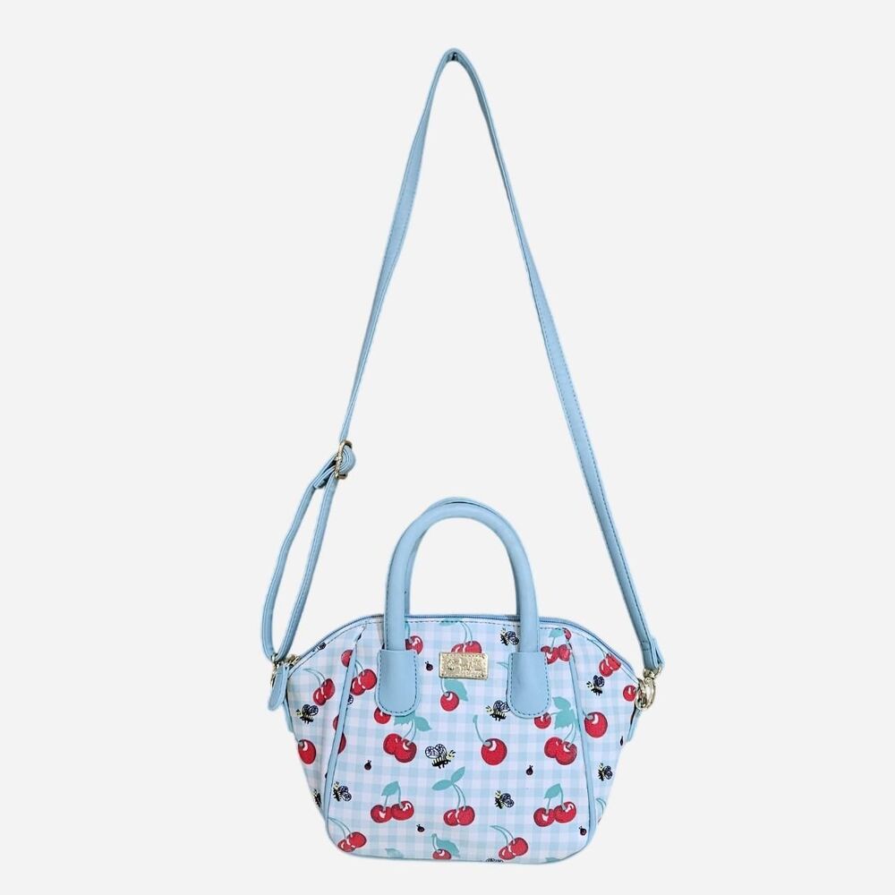 cottagecore twee betsey johnson cherry print blue gingham bag